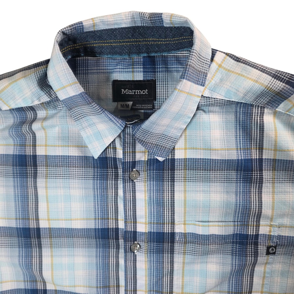 Marmot Button Up Shirt Mens Medium Blue‎ Plaid Short Sleeve Hiking casual
